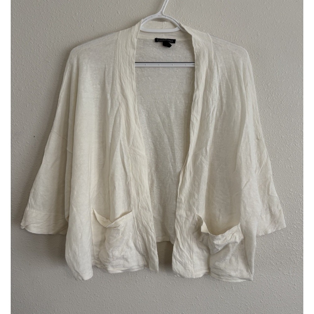 Eileen Fisher Organic Linen Blend Open Front Cardigan Cream L XL Lightweight